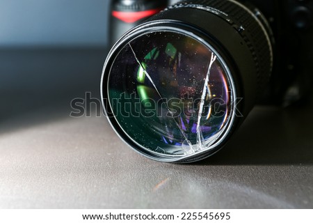 Broken DSLR camera lens filter glass
