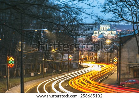 Kaunas city at night. Long exposure image of traffic. Tilt-shift effect.