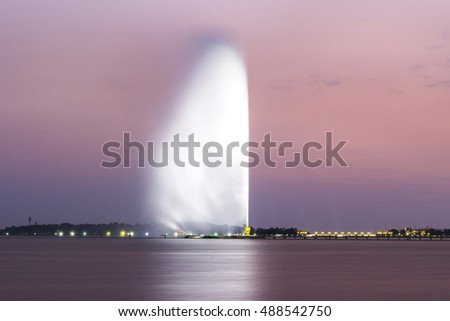 King Fahd\'s fountain in Jeddah jets water in the air with night illumination. The biggest fountain in the world. Jeddah. Saudi Arabia, Red Sea