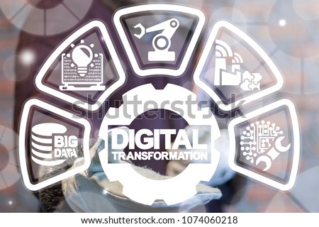 Digital Transformation Industry 4.0. Modern Smart Manufacturing concept. Engineer offers digital transformation gear icon on a virtual interface.