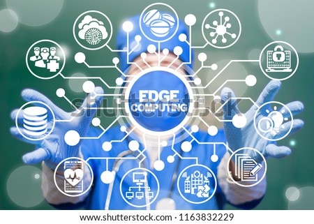Doctor offers a edge computing on a virtual circuits medical informative panel. EDGE Computing Health Care Tech. Smart Modern Medicine Clinic Web Communication Data concept.