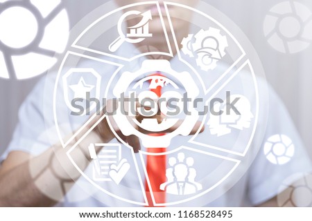 Businessman clicks a gear with planet earth and iso word button on a virtual panel. ISO Certification Quality Global Standards. Management Business Certified concept.