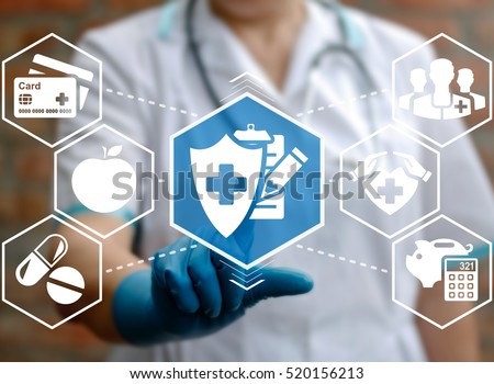 Doctor presses health insurance button on virtual screen on background of medical finance safety icon. Nurse touched shield plus sign with clipboard pencil. Medicine health care assurance treatment.