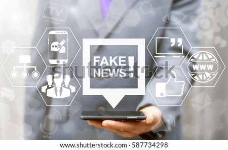 Fake news, HOAX political internet social network concept. Fabricated false disinformation technology on TV and newspaper. Politician offer on smartphone bubble distorted tidings on virtual screen