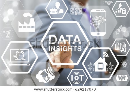 Data Insight Analysis business industry 4.0. Man touched data insight words icon on virtual screen. Digital smart city concept. Industrial modern integration manufacturing engineering technology.