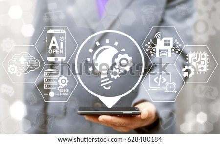 Agile Development software coding business web computer agility nimble fast start up concept. Quick engineering service flexible develop technology. Developer offers smartphone with bulb gears icon.