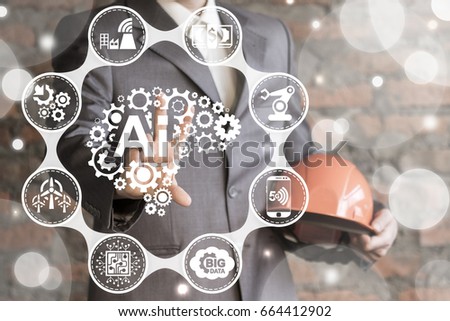 Artificial Intelligence Industry 4.0 Integration Computing Concept. Man presses brain AI gears button on virtual screen. Smart industrial technology.