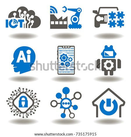 Internet Of Things (IOT), Artificial Intelligence (AI), Connectivity, Innovative Smart Cyber Security Digital Information Technologies (IT) Vector Icon Set. Mind Home, Industry, Communication Network.