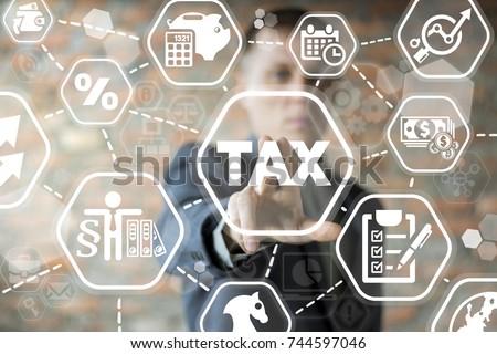 Young businessman using innovative virtual touchscreen presses tax button. Tax payment. Government, state taxes. Data analysis, paperwork, financial research, report. Calculation tax return.
