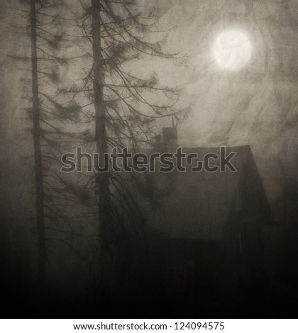 moon over the spooky old house in the forest - textured vintage background