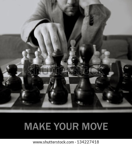 black and white chess concept with man make move- space for sample text