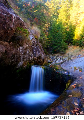 vertical colorful autumn landscape in bulgarian forest with cold small waterfall
