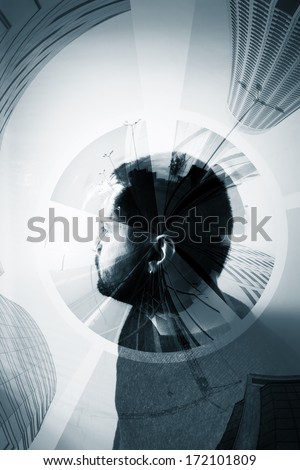 duotone abstract double exposure man portrait and urban details