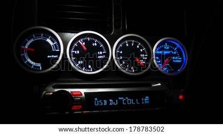 Sport Car Panel Dashboard With Many Indicators For Speed And Power