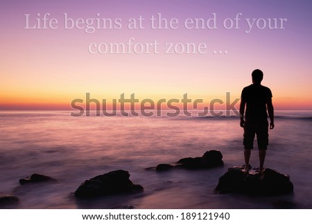 man on the edge on rock in calm sea sunrise, unknown inspirational quote above