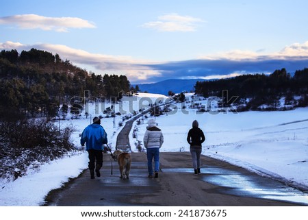 A group of tourists and dog on a winter walk in the winter mountain path
