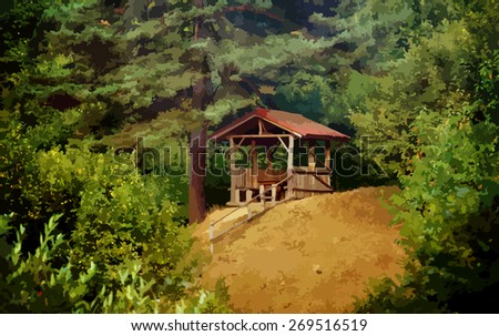 watercolor painting of green woods and small resting cabin, spring time