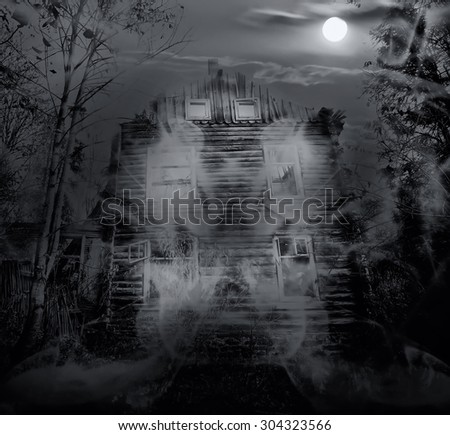 evil house silhouette over full moon at mysterious night. Fantasy background duotone colored, tree forest under dramatic cloudy sky, some noice and blurred smoke for stronger spooky effect