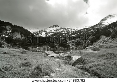 B&W mountain landscape with lake; bulgarian Pirin mountain