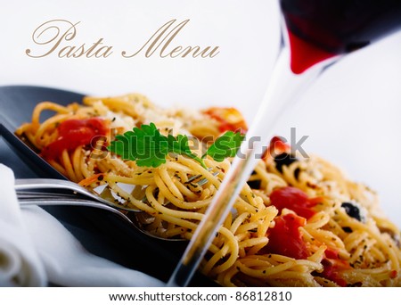 Pasta and wine shot suitable for restaurant menu