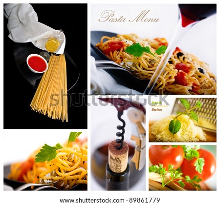 Pasta and wine several shot collage suitable for restaurant menu