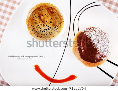 food concept smile image with strong black coffee and donut. Space for sample text