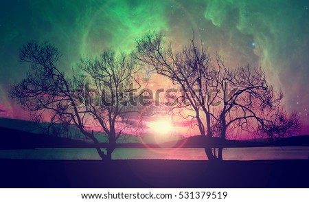 infrared landscape with red alien sky with manny stars over the mysterious lake- elements of this image are furnished by NASA