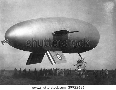 ROME - MAY 7 : Vintage photograph shows Italian airship \'S.S\' being tested at Ciampino Airport on May 7, 1918 in Rome, Italy.