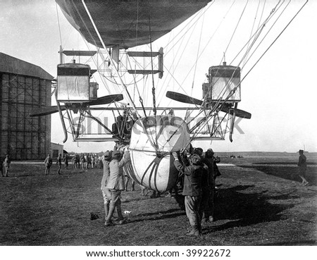 ROME - MAY 7 : Vintage photograph shows Italian airship \'P.V.1\' gets ready for flight at Ciampino Airport on May 7, 1918 in Rome, Italy.