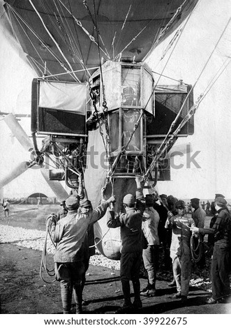ROME - MAY 7 : Vintage photograph shows the cabin of Italian fighter airship \'M\' and gets ready for flight at Ciampino Airport on May 7, 1918 in Rome, Italy.