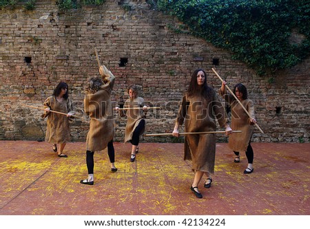 CASTELL\'ARQUATO, ITALY - MAY 2 : Stage actress do medieval witches dance during celebration of \