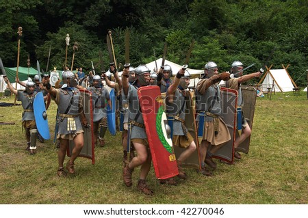 BRESCIA, ITALY - JULY 13 : Participants in a 'battle' action between Roman and Celtic army at the celebration of the Celtic Day July 13, 2008 in Brescia, Italy