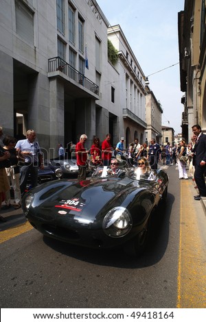 BRESCIA, ITALY - APR 14: A Jaguar car model at the launching of Mille Miglia, the famous race for historic cars on April 14, 2009 in Brescia, Italy