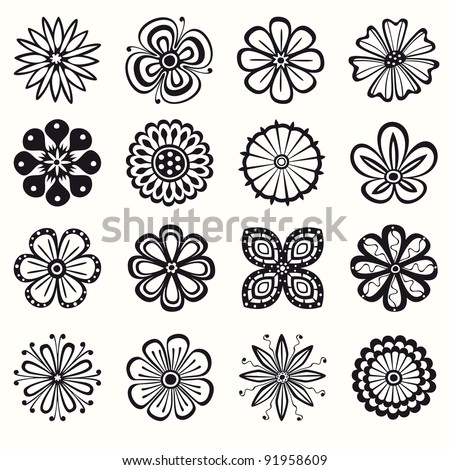 Collection of 16 different stylistic flowers in black and white