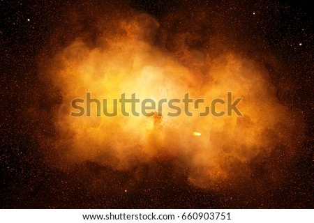 Huge, extremely hot explosion with sparks and hot smoke, against black background