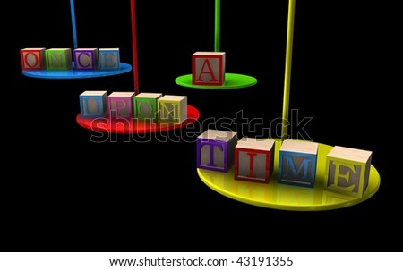 Colorful platforms holding children\'s blocks that spell out \