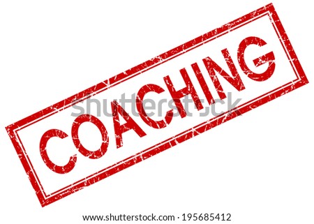 Coaching red square grungy stamp isolated on white background