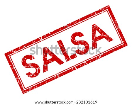 Salsa red square grungy stamp isolated on white background