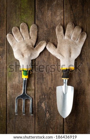 Gardening tools in working gloves