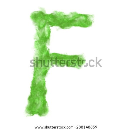 Alphabet letter F made of powder explosion isolated on white background ABC concept type as logo. Typography design