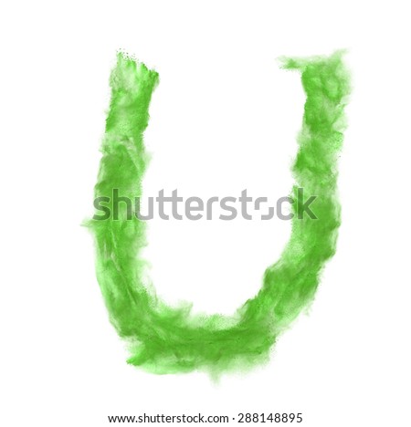 Alphabet letter U made of powder explosion isolated on white background ABC concept type as logo. Typography design