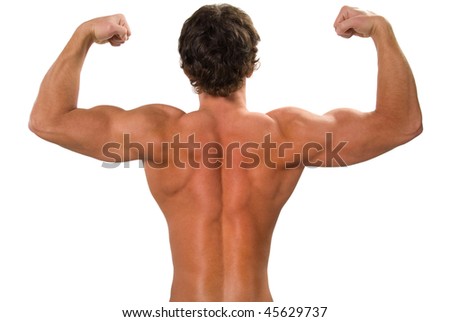 stock photo Young muscular man showing a biceps and back isolated on 