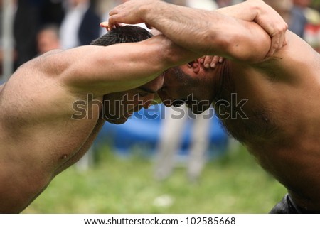 BURSA,TURKEY-MAY 13: Unidentified wrestlers participate in the annual oil wrestling championship on May 13,2012 in Bursa.Oil wrestling is considered as an ancestral sport in Turkey.