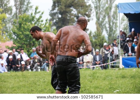 BURSA, TURKEY-MAY 13 : 338 th  traditional Turkish oil wrestling championship held in Bursa on May 13, 2012 in Bursa,Turkey.