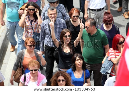 ISTANBUL, TURKEY-MAY 23 :Turkish public workers go on a one-day strike after collective bargaining between three union confederations representing them on May 23, 2012 in Istanbul,Turkey.