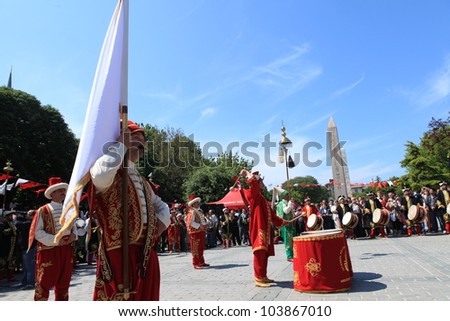 ISTANBUL, TURKEY-MAY 29: Traditional Ottoman army band or janissary band performed a show during the celebratory events in Sultanahmet district on May 29, 2012 in Istanbul,Turkey.