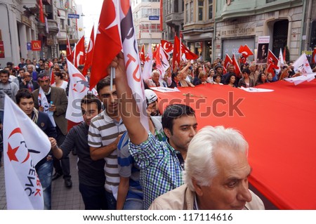 ISTANBUL,-OCT 29: Many people in Turkey celebrate Republic Day on October 29 by attending performances and participating in traditional processions with flags on October 29, 2012 in Istanbul,Turkey.