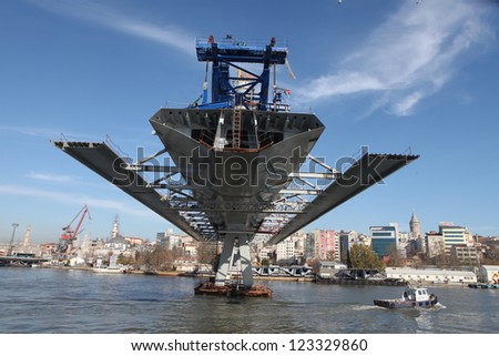 ISTANBUL, TURKEY-DECEMBER 26 : The ongoing construction of the Golden Horn Metro Bridge has been criticized for breaking city\'s skyline on December 26, 2012 in Istanbul,Turkey.