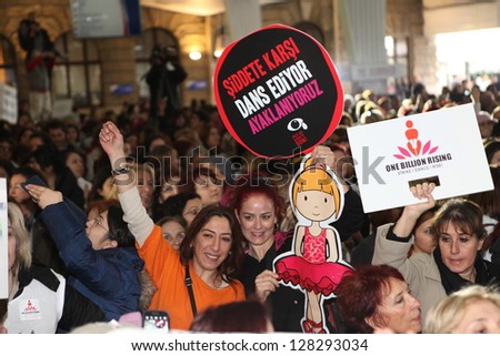 ISTANBUL, TURKEY-FEBRUARY 14 : Unidentified women participated to \'1 billion rising\' dance event to protest violence against women on ValentineÂ?Â?s Day on December 14, 2013 in Istanbul,Turkey.
