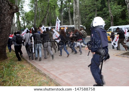 ISTANBUL, TURKEY-MAY 9: Turkish Police dispersed  student protesters who protest Turkish Prime Minsiter Recep Tayyip Erdogan on May 9, 2013 in Istanbul, Turkey.